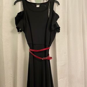 Black cold shoulder dress with red belt